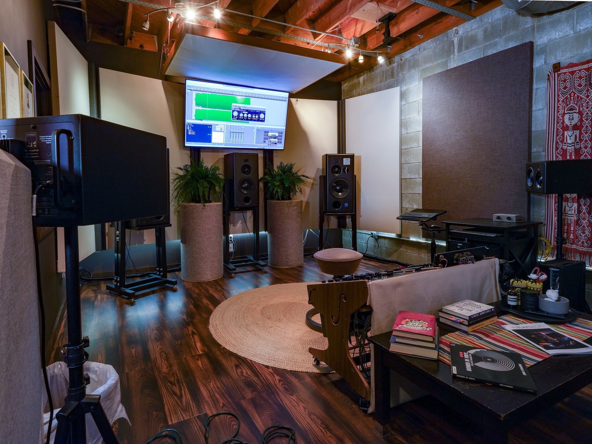 Front view — ATC SCM100 monitors and mastering position