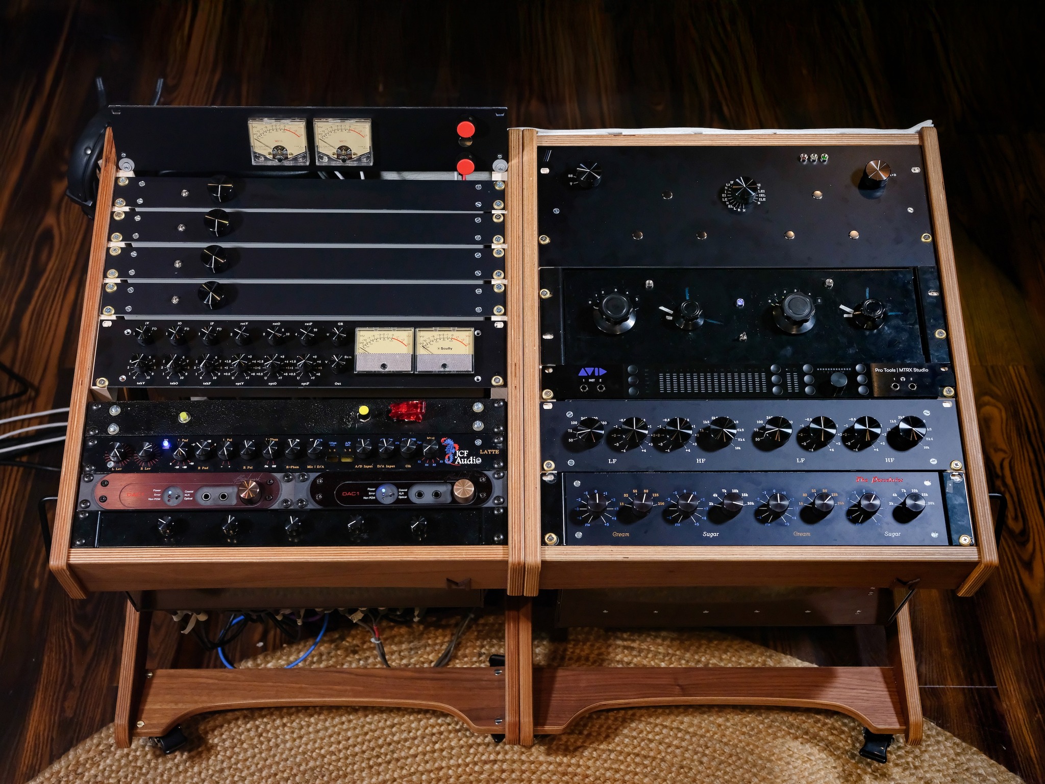 JCF Audio custom modular console — close-up of knobs and controls